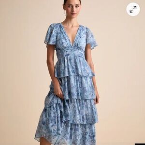 Lulu's Blue Tiered Ruffle V-Neck Maxi Dress